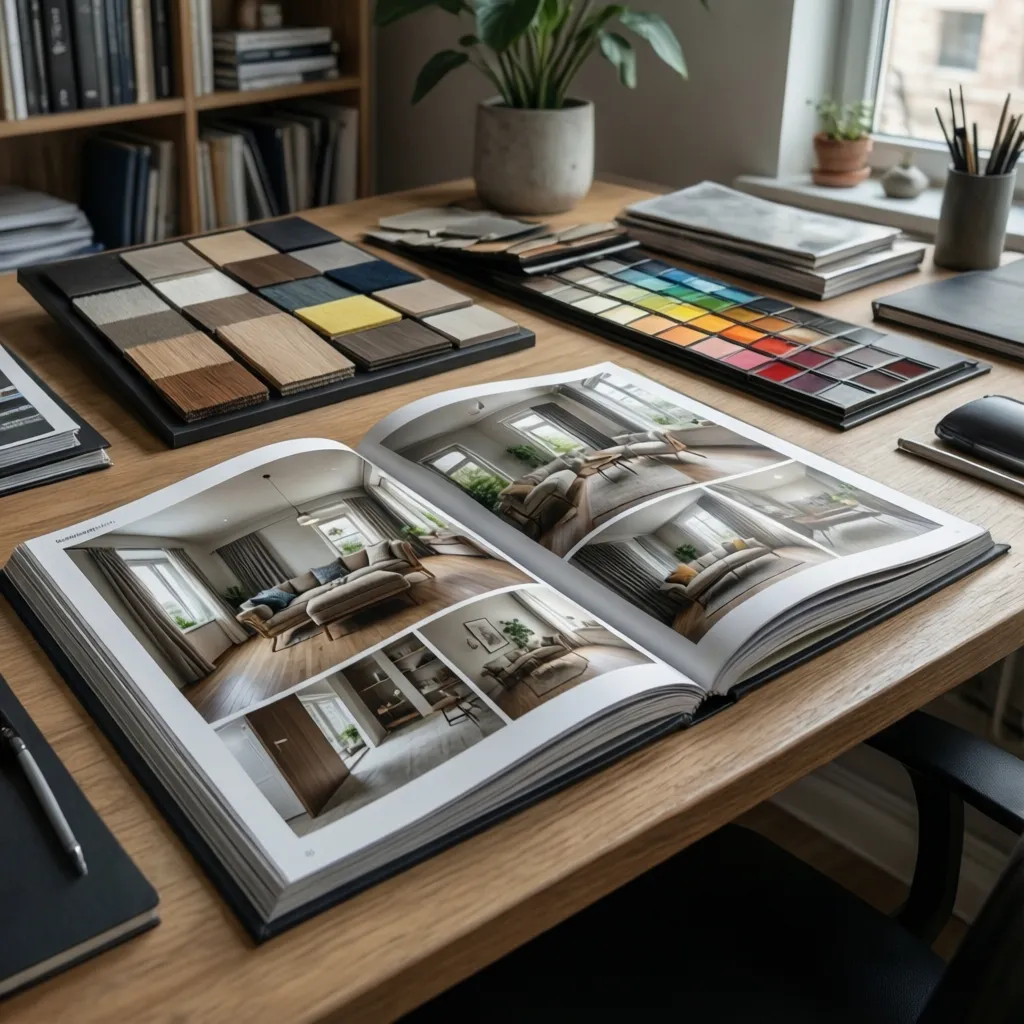 Portafolio de proyectos de interiorismo sobre mesa de estudio