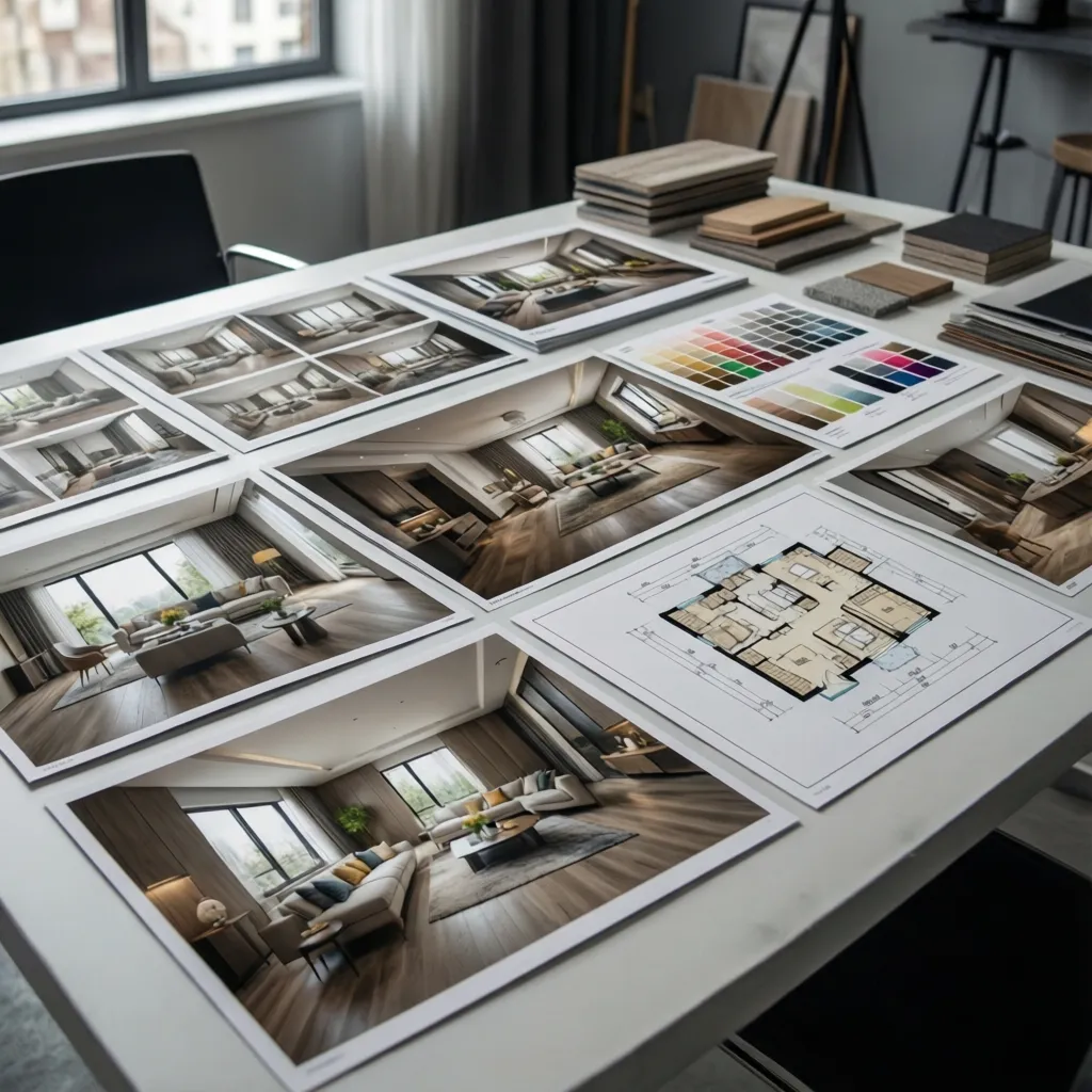 Portafolio de diseño de interiores con planos, renders y muestras de materiales