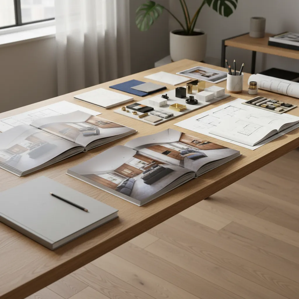 Portafolio de diseño de interiores con renders y planos impresos