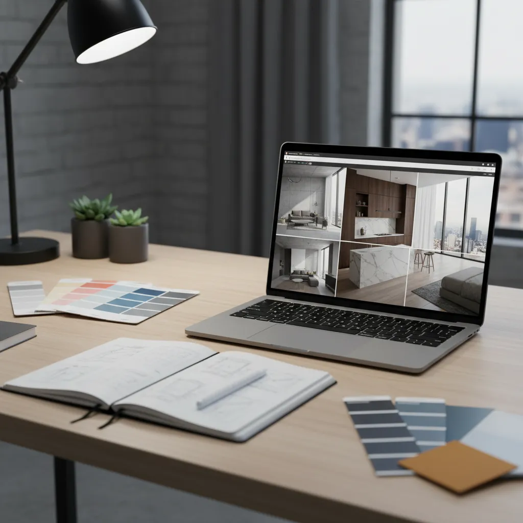 Pantalla con portafolio digital de proyectos de diseño interior