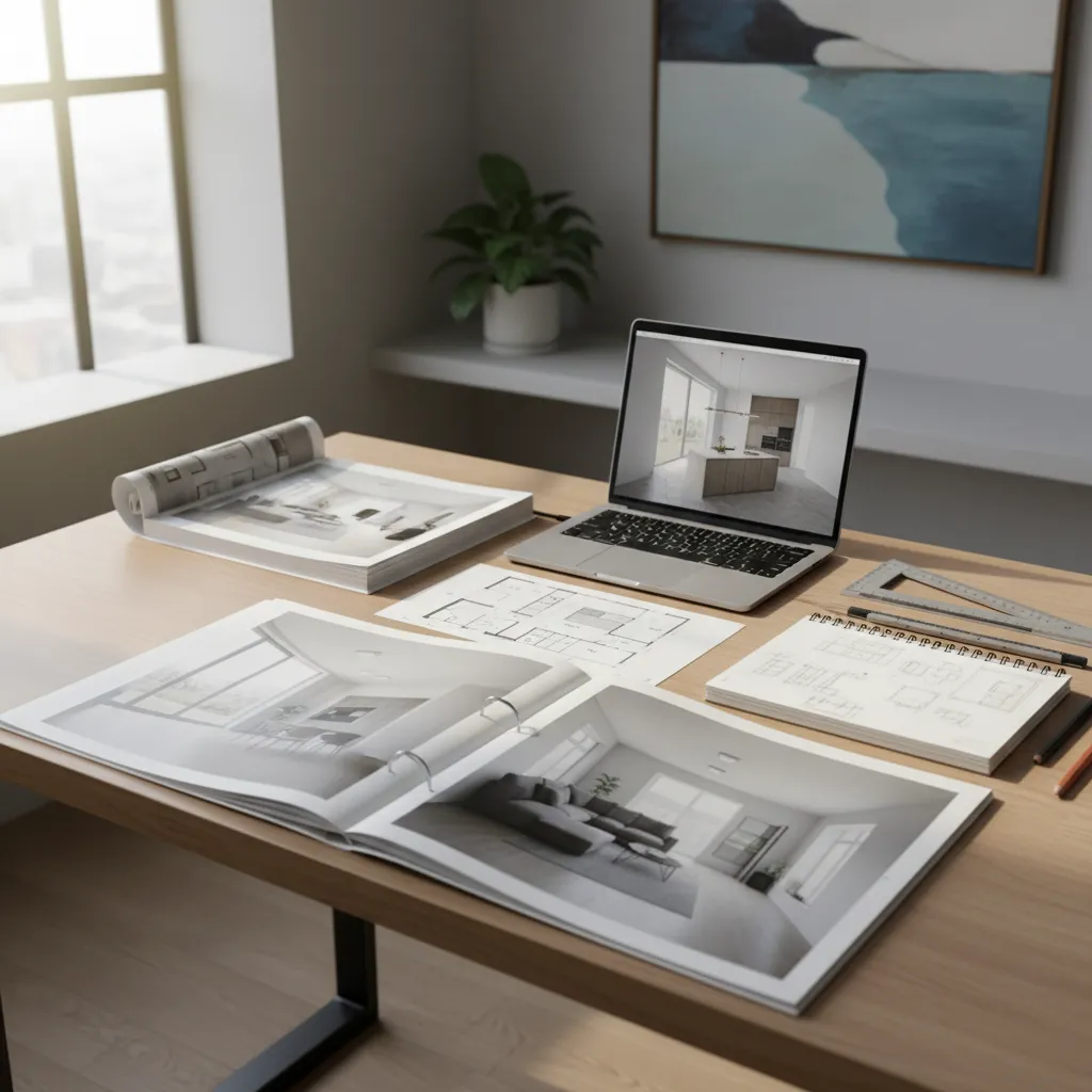 Portafolio de diseño de interiores con renders y planos sobre una mesa