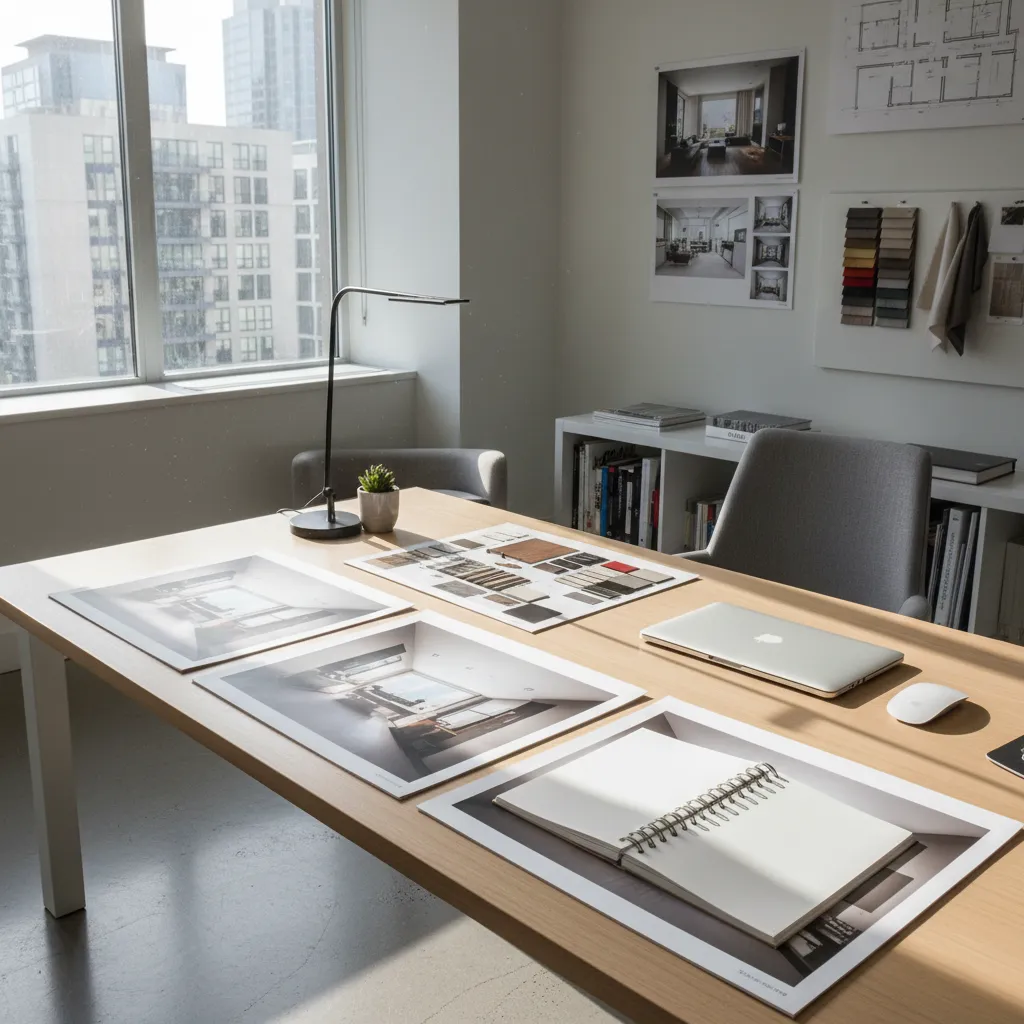 Portafolio de estudiante con renders y planos de diseño de interiores