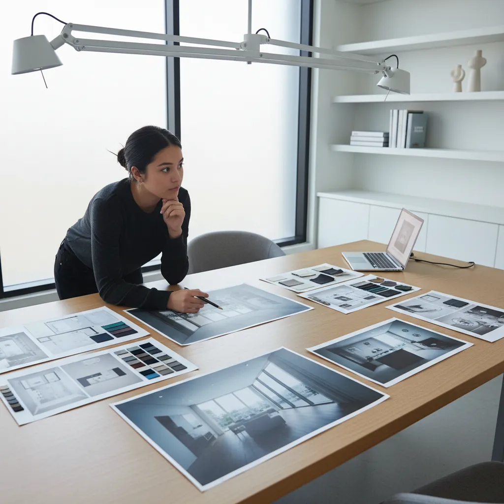 Estudiante revisando portafolio de proyectos de diseño interior