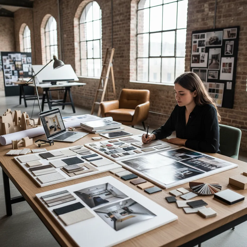 Estudiante preparando un portafolio de proyectos de diseño de interiores