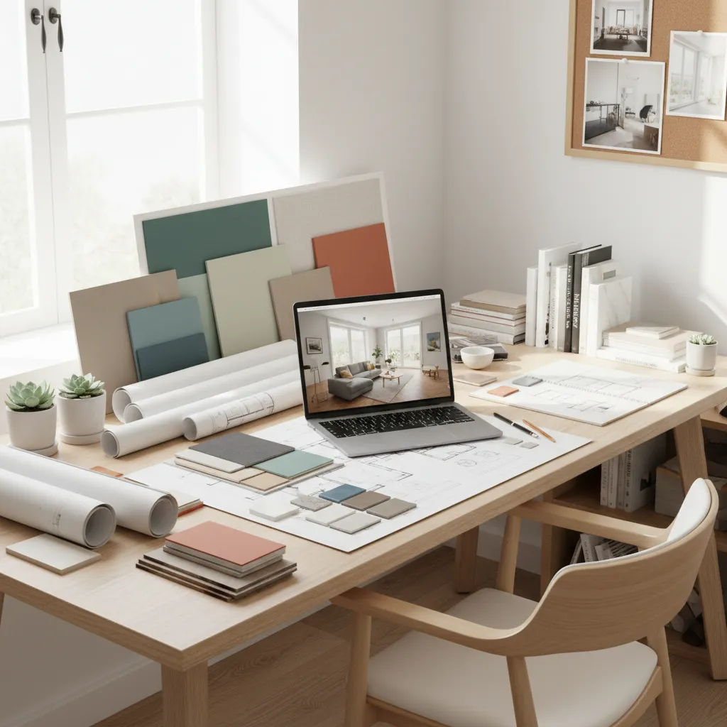 Estudiante preparando portafolio de diseño de interiores con planos y renders