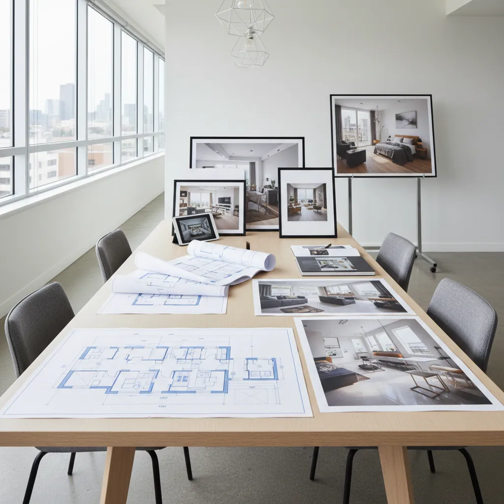 Meeting table with room layout prints framed interior design drawings and grey chairs in office
