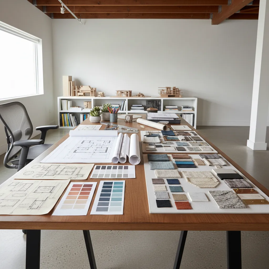 Portafolio de estudiante con bocetos de interiores y planos de distribución