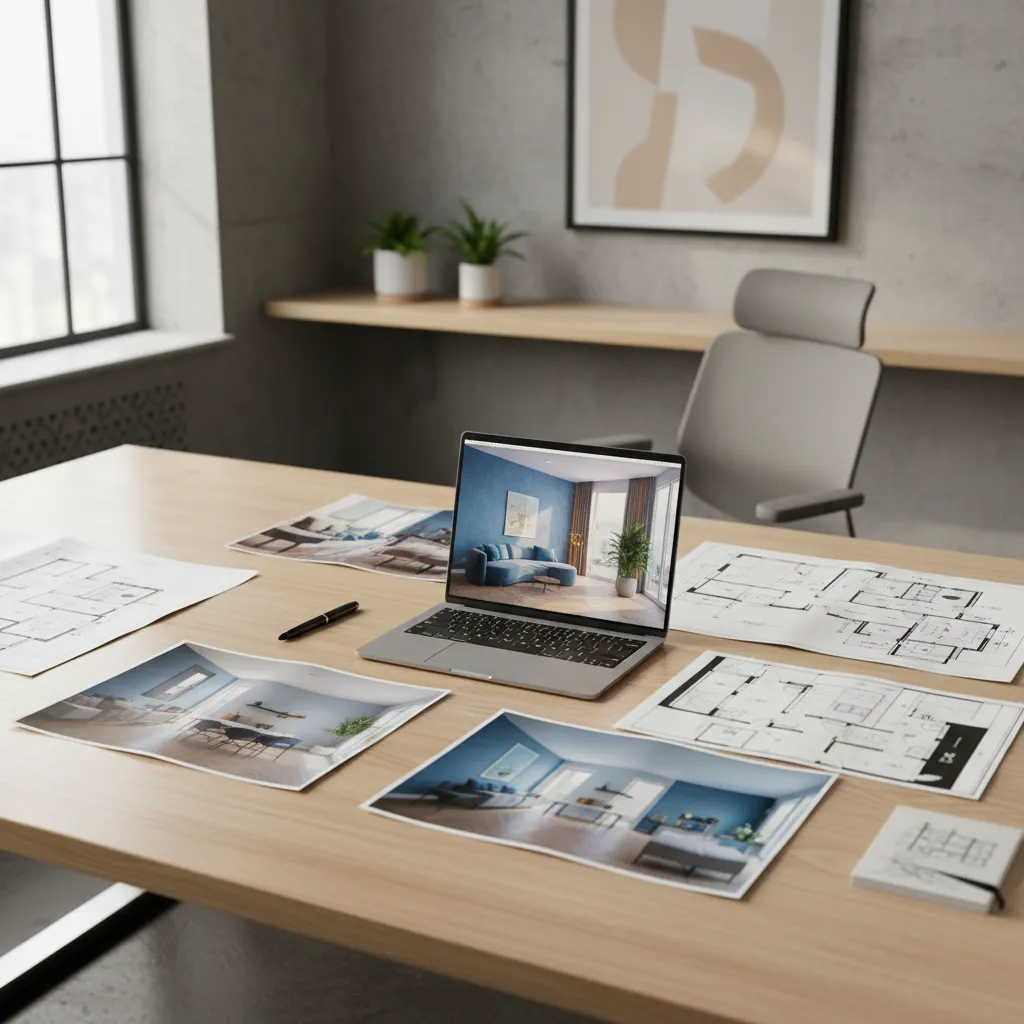 Wooden desk with laptop showing room design near printed floor plans and interior design drawings