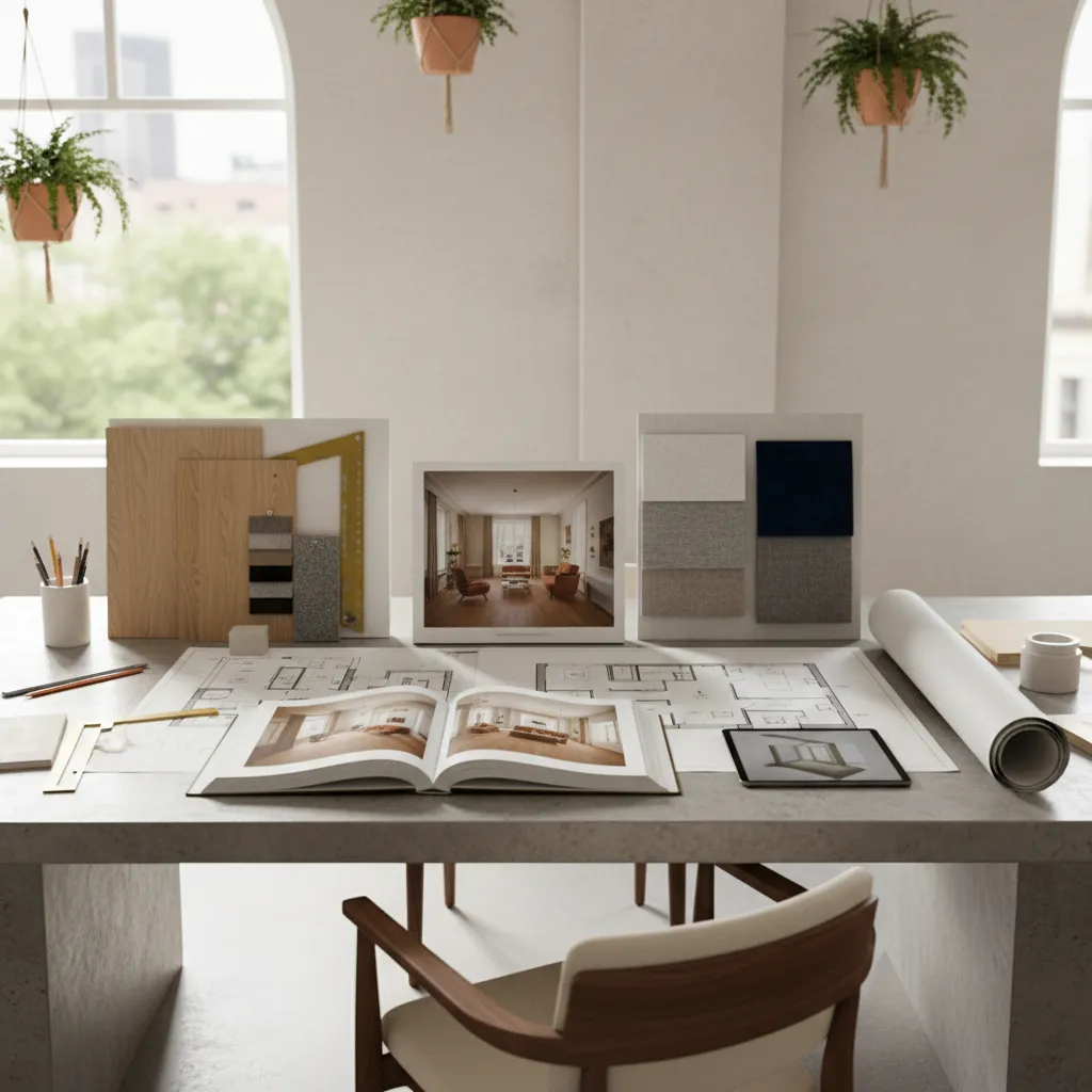 Interior design workspace with room layout drawings material samples open book and modern desk chair
