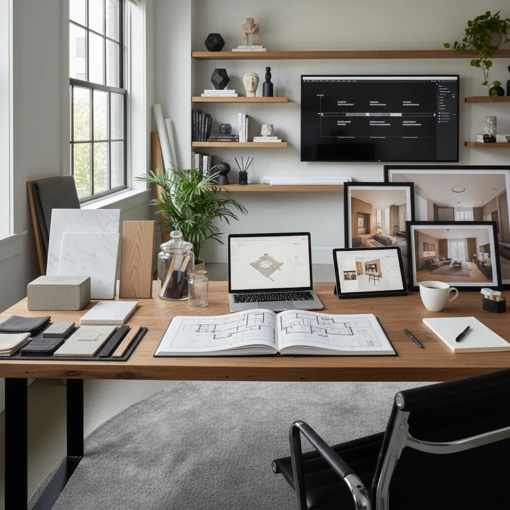 Portafolio de diseño de interiores con planos, renders y muestras de materiales