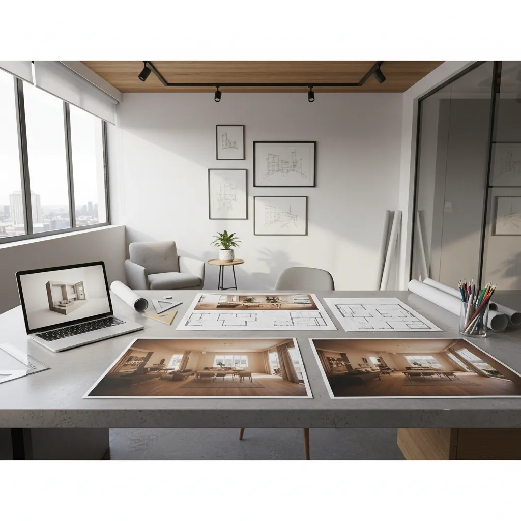 Designer workspace showing laptop with room design floor plans and realistic interior design drawing prints