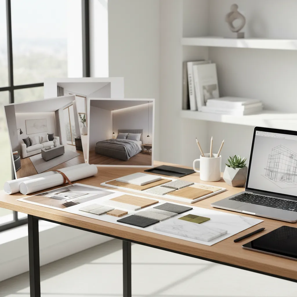 Interior design workspace with laptop showing drawing room photos material samples on a wooden desk