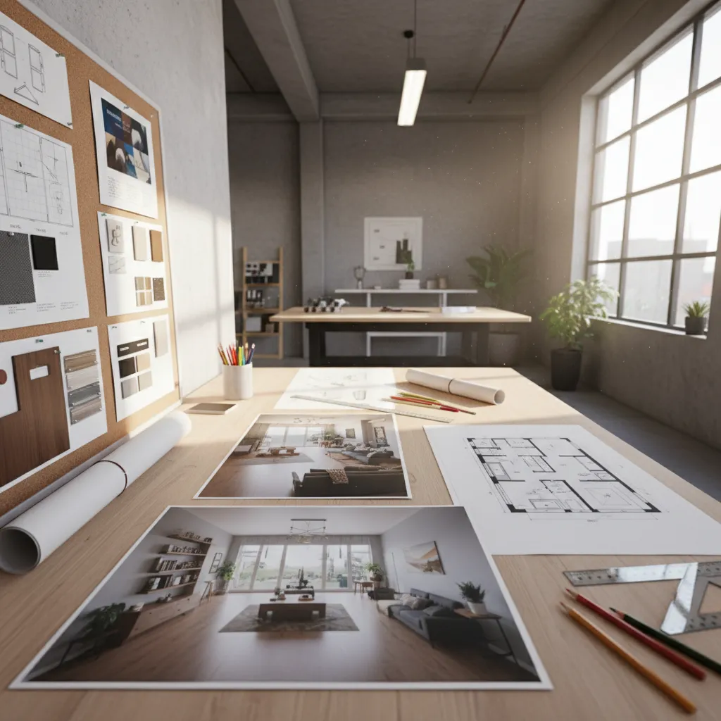 Estudiante revisando portafolio de proyectos de diseño interior