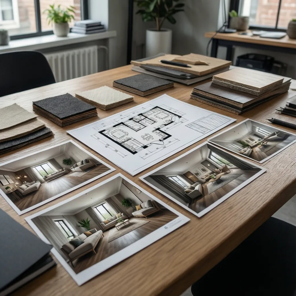 Wooden desk with interior design floor plan drawings material samples and small interior design drawings