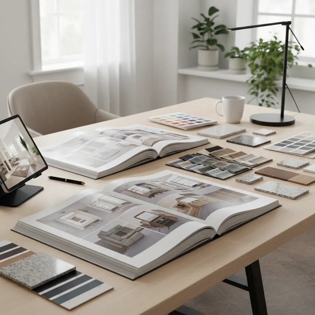 Portafolio de diseño de interiores con renders y planos impresos