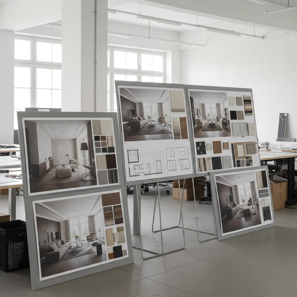 Display boards in a bright studio showing interior design drawings and various color material samples