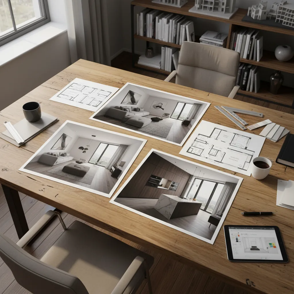 Portafolio de diseño interior con renders y planos sobre una mesa