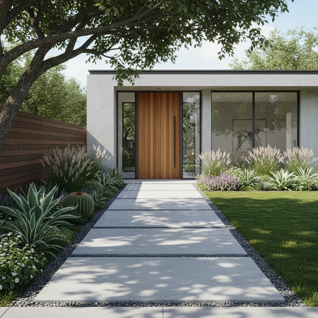 Stone garden path leading to modern home with wooden door large windows and green lawn