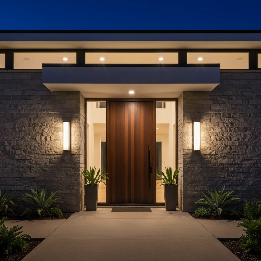 Modern house entrance at night with wood door stone walls wall lights and green plants