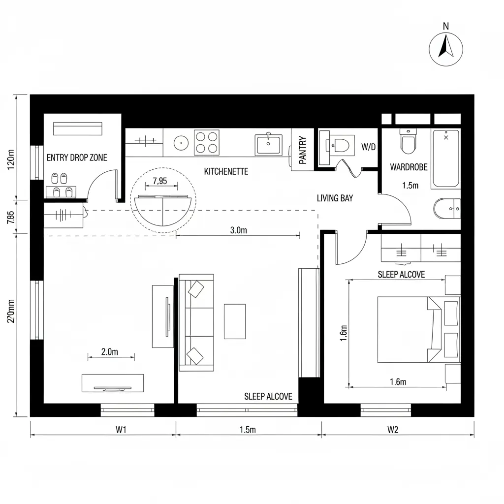 Top view interior design drawing of small apartment with labeled kitchenette and sleeping alcove areas