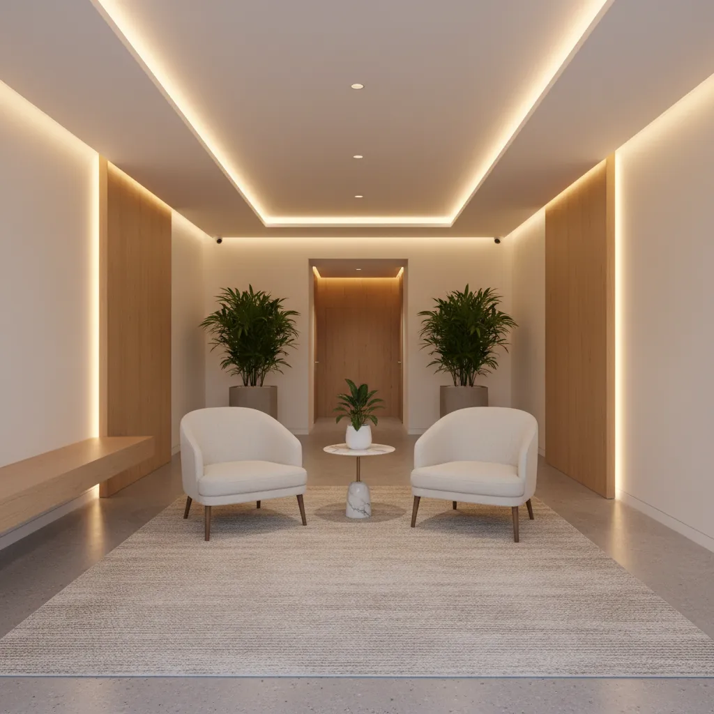 Minimalist hallway with white chairs, small table, green plants, wood bench, and warm wall lights.
