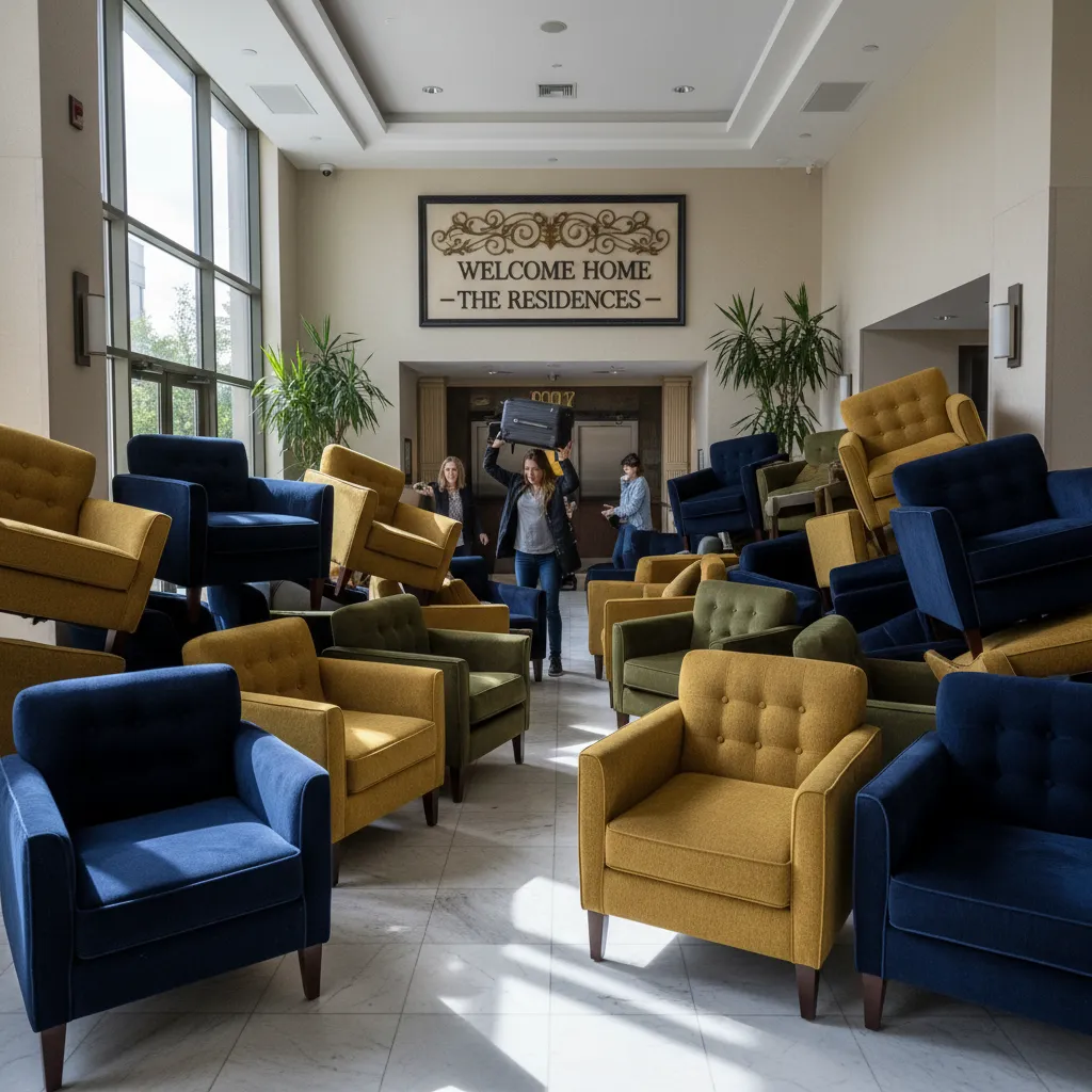 Crowded building lobby filled with blue and yellow chairs and people carrying luggage near sign.