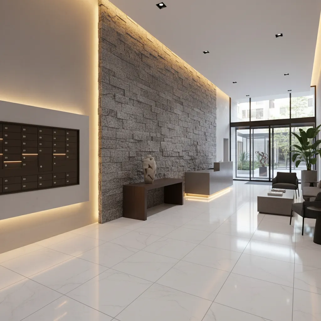 Interior de portal residencial moderno con paredes de piedra y iluminación indirecta