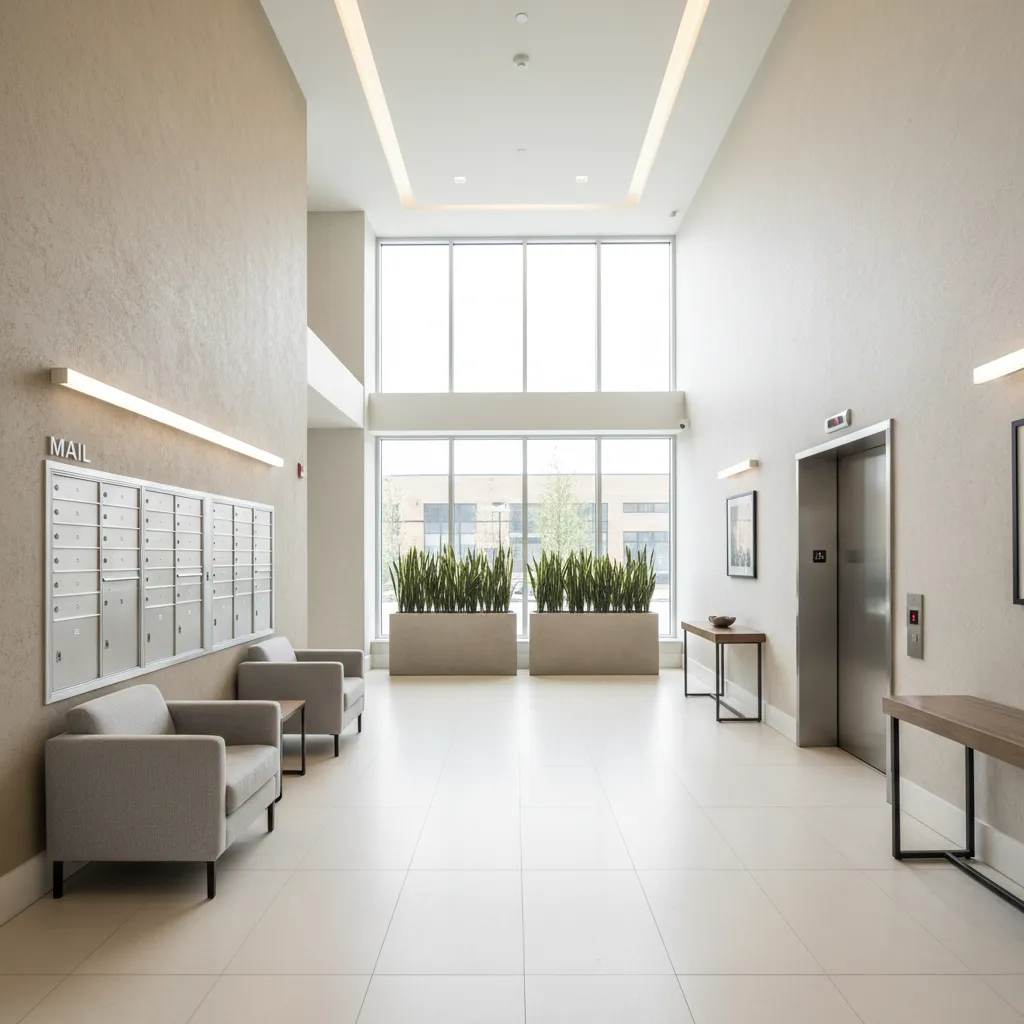 Bright hallway with wall mailboxes, two grey chairs, an elevator, and large windows with plants.