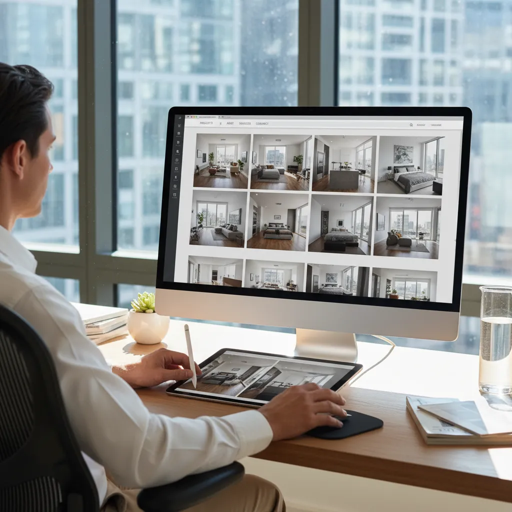 Pantalla mostrando proyectos de interiorismo en una plataforma digital