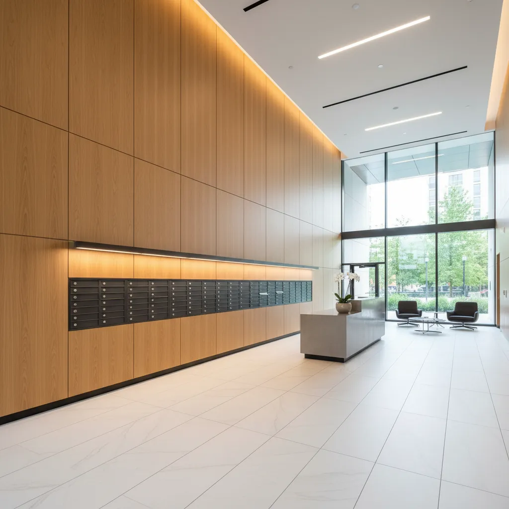 Portal contemporáneo con paneles de madera y iluminación lineal