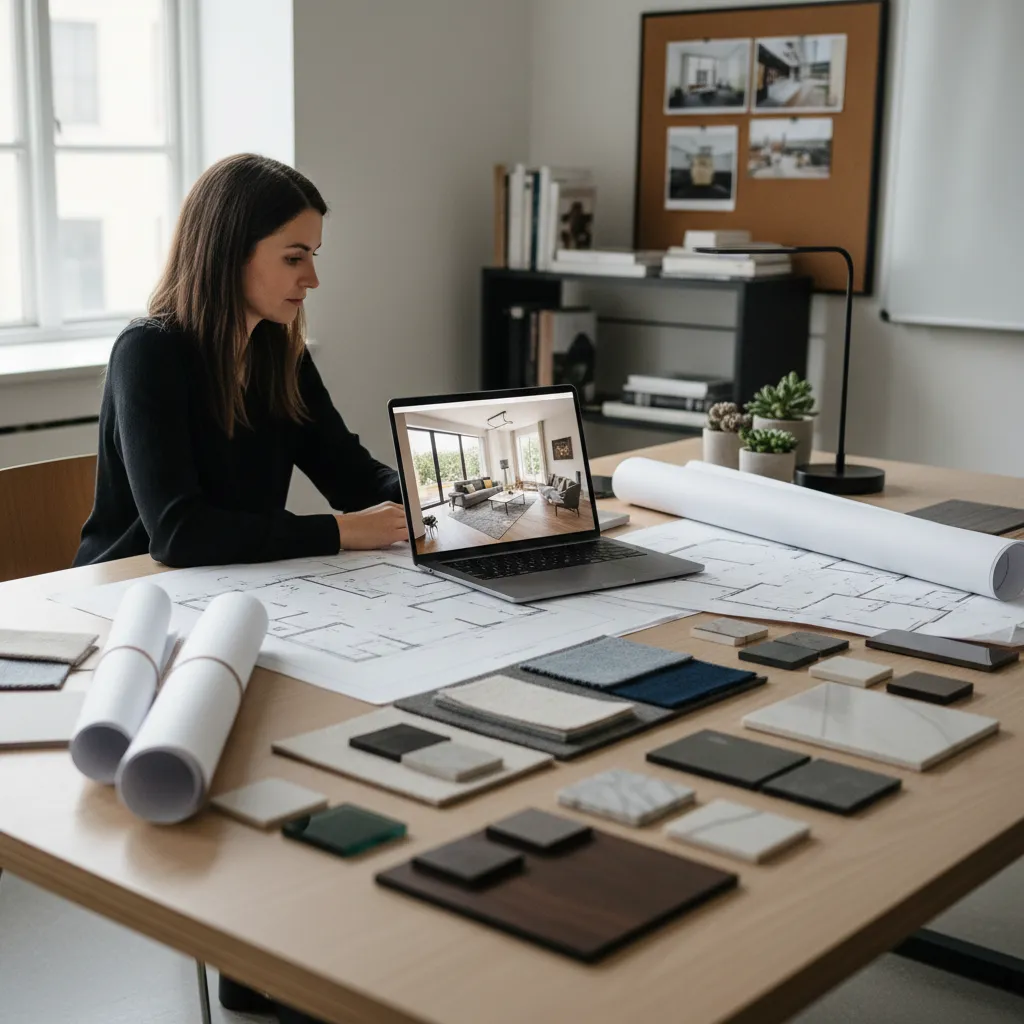 Interior designer sitting at desk with laptop showing interior design drawing near paper floor plans