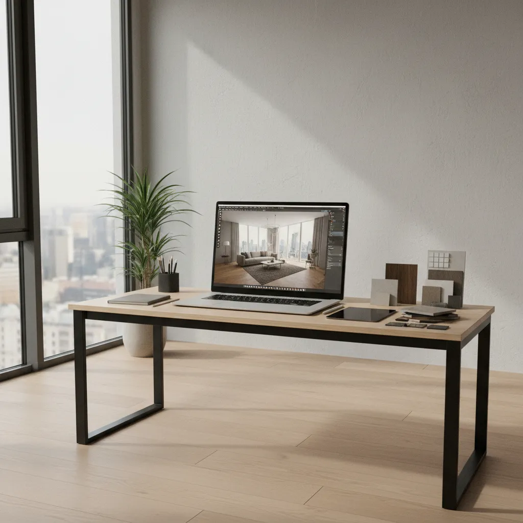 Laptop on a wooden desk showing a living room design with material samples and window