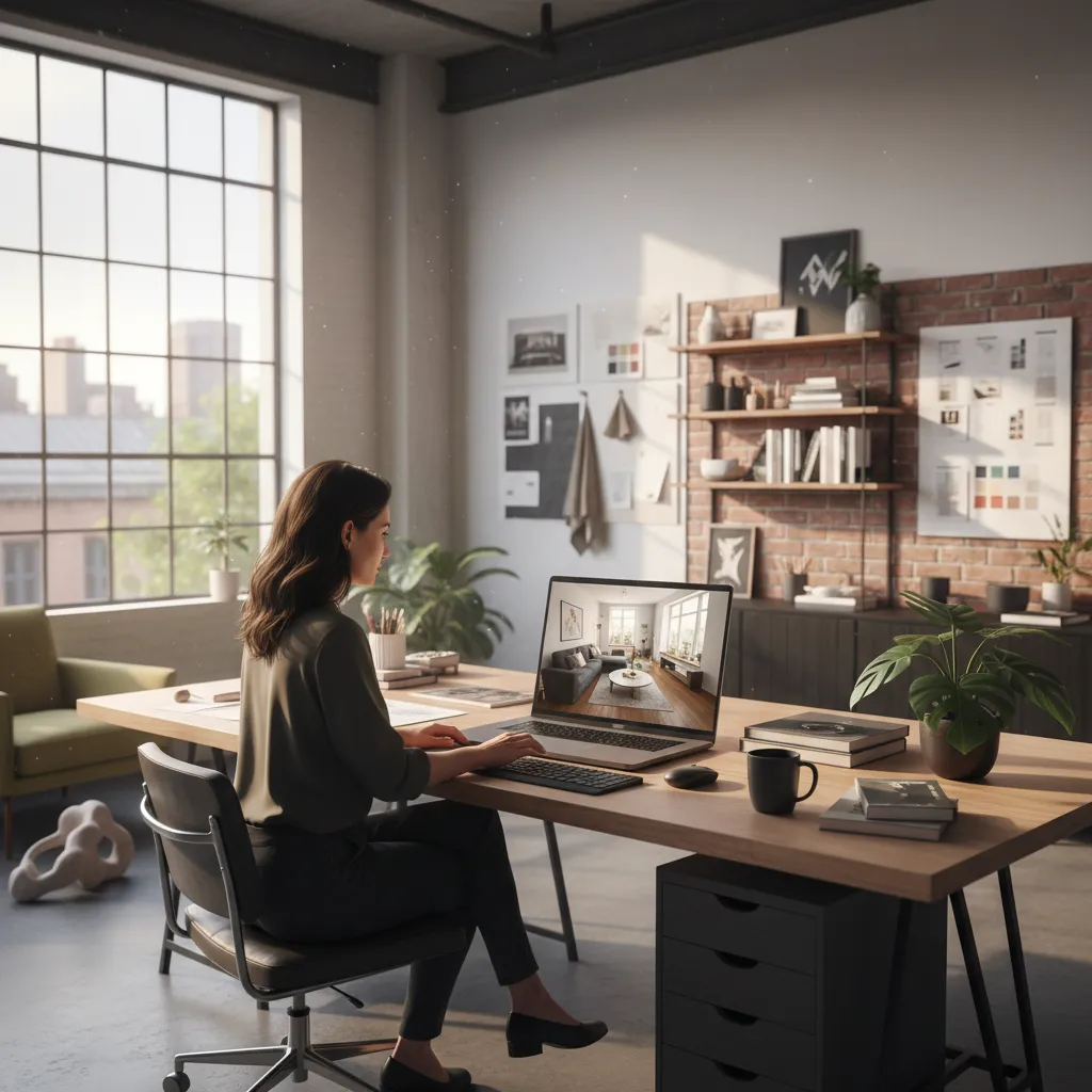 Woman using laptop at wooden desk for interior design work in bright modern home office