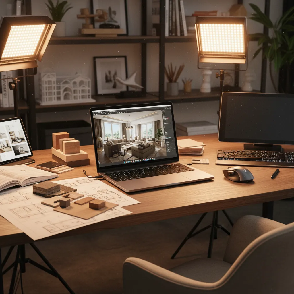 Portátil trabajando con render pesado en estudio de diseño