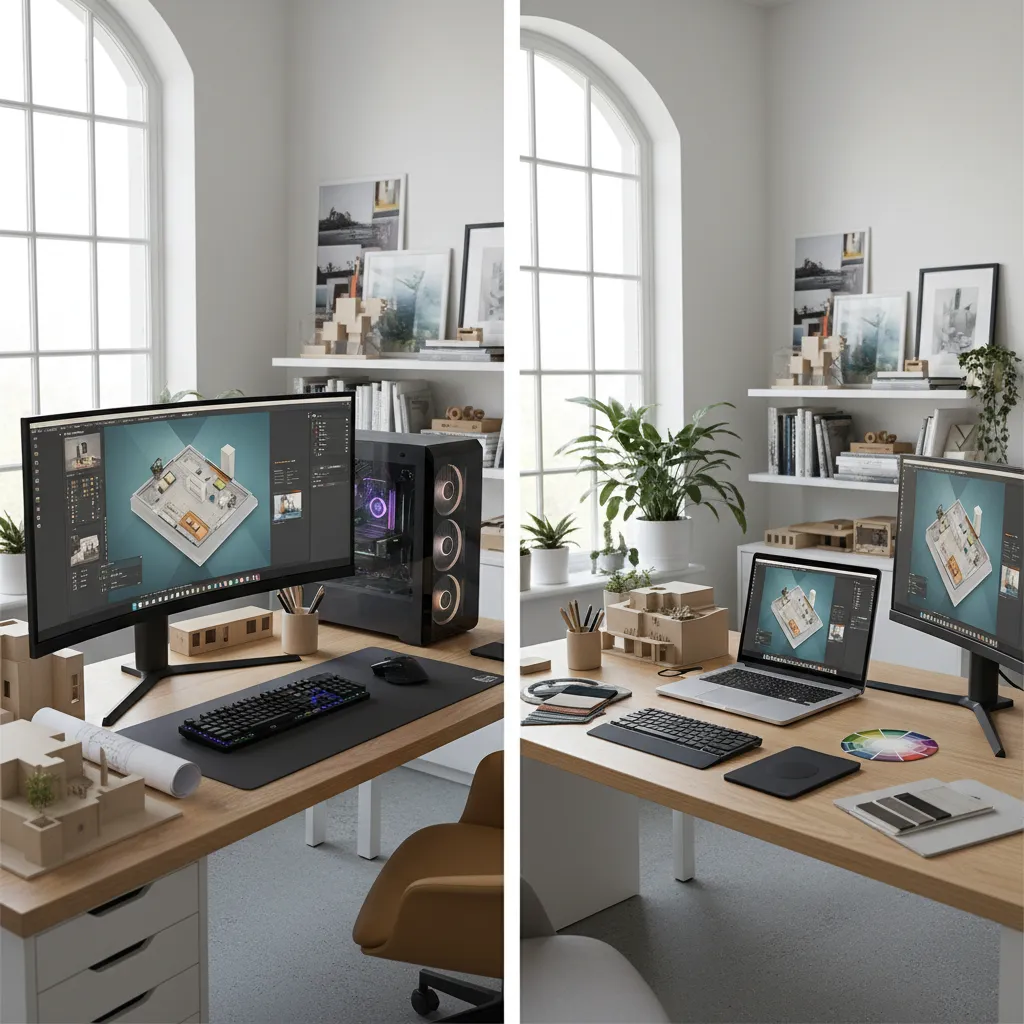 Comparación entre laptop potente y computadora de escritorio para diseño