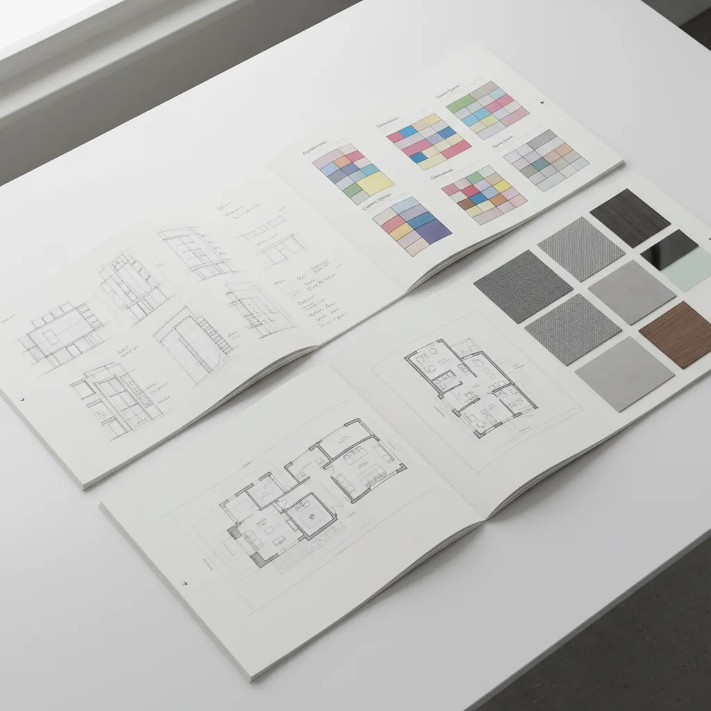 Design portfolio showing sketches, layout diagrams, and concept development pages