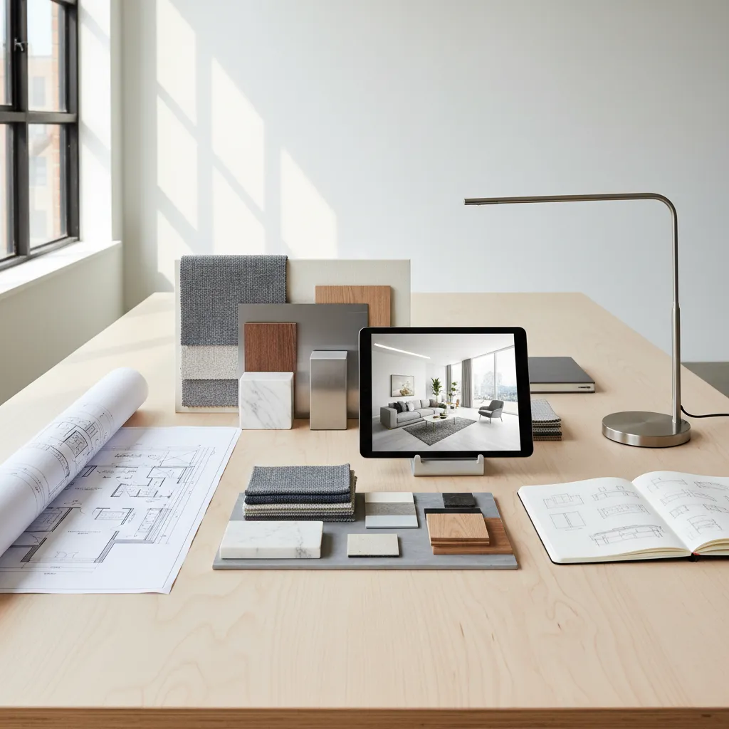 Wood table with fabric samples stone pieces floor plan and tablet showing interior design drawing