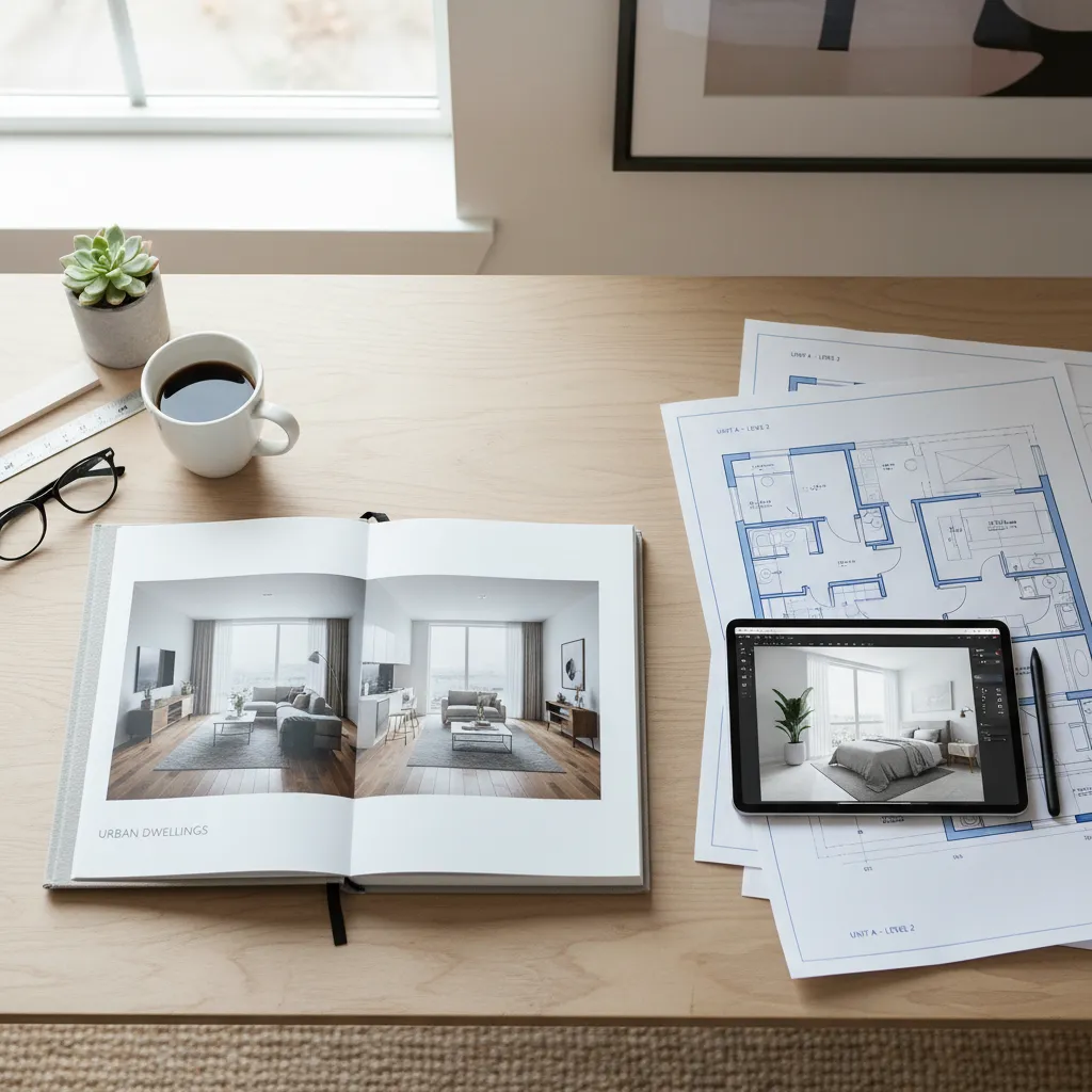 Wooden desk with coffee, glasses, interior design book, house floor plan, and bedroom design tablet