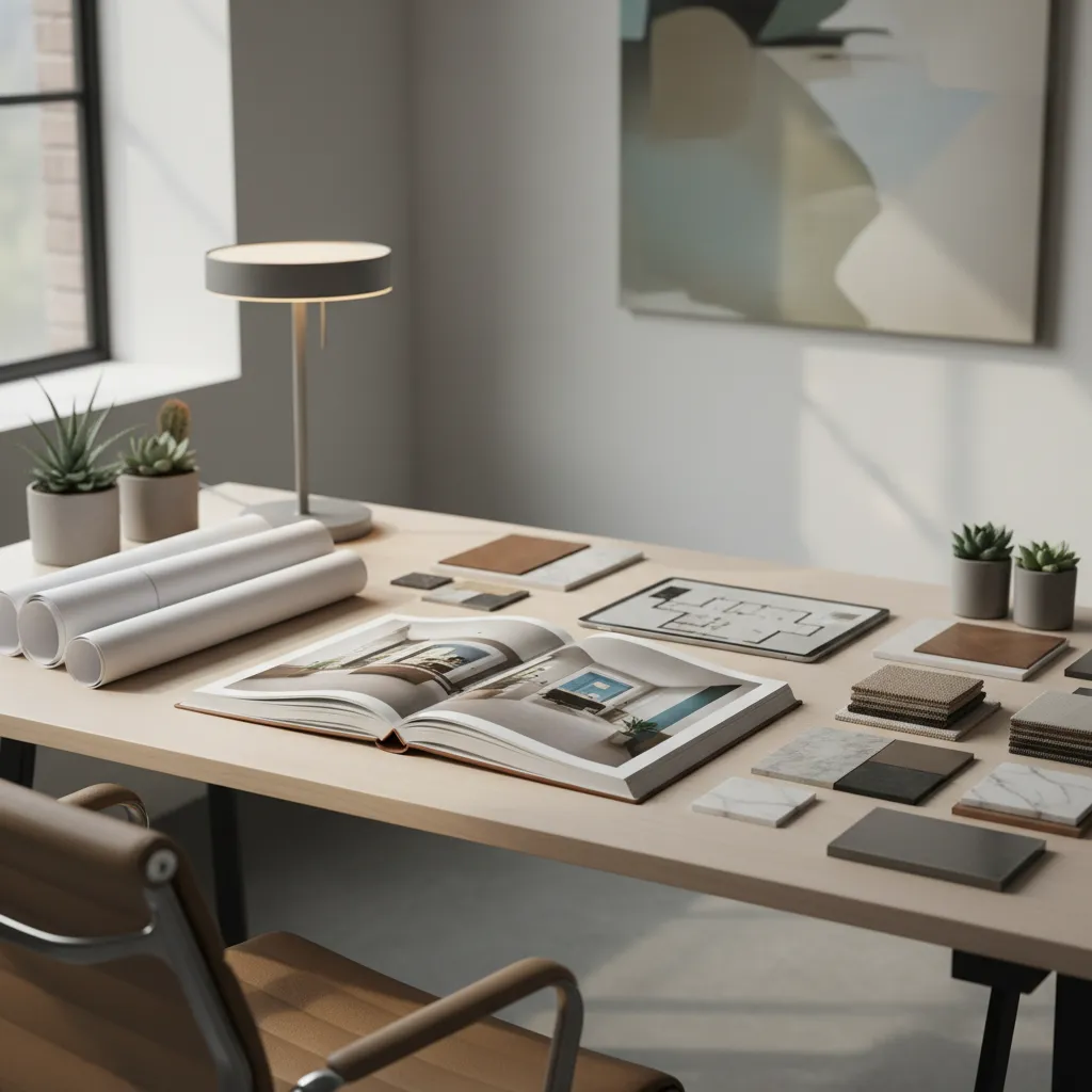 Open interior design book on desk with material samples paper rolls and floor plan tablet