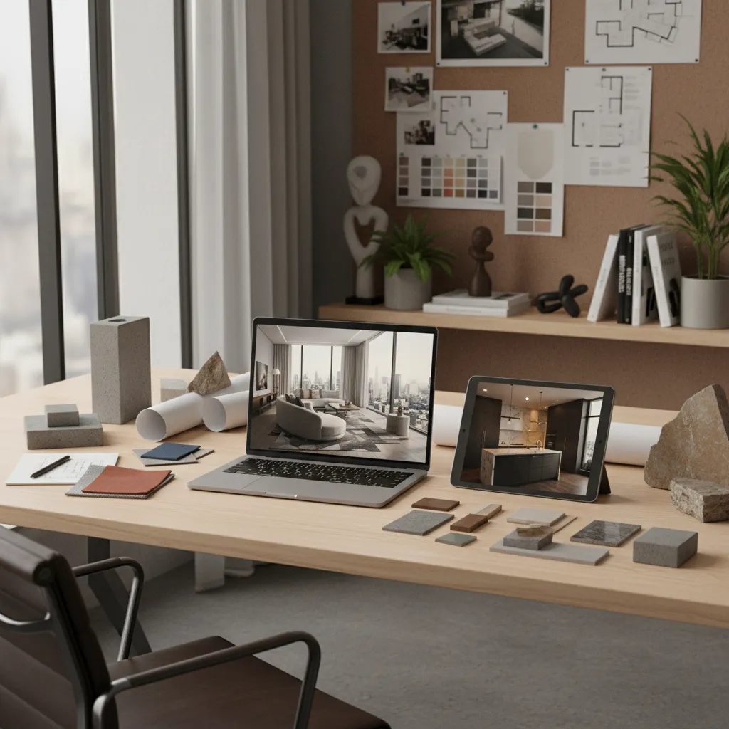 Portafolio de proyectos de diseño de interiores en pantalla y tablet