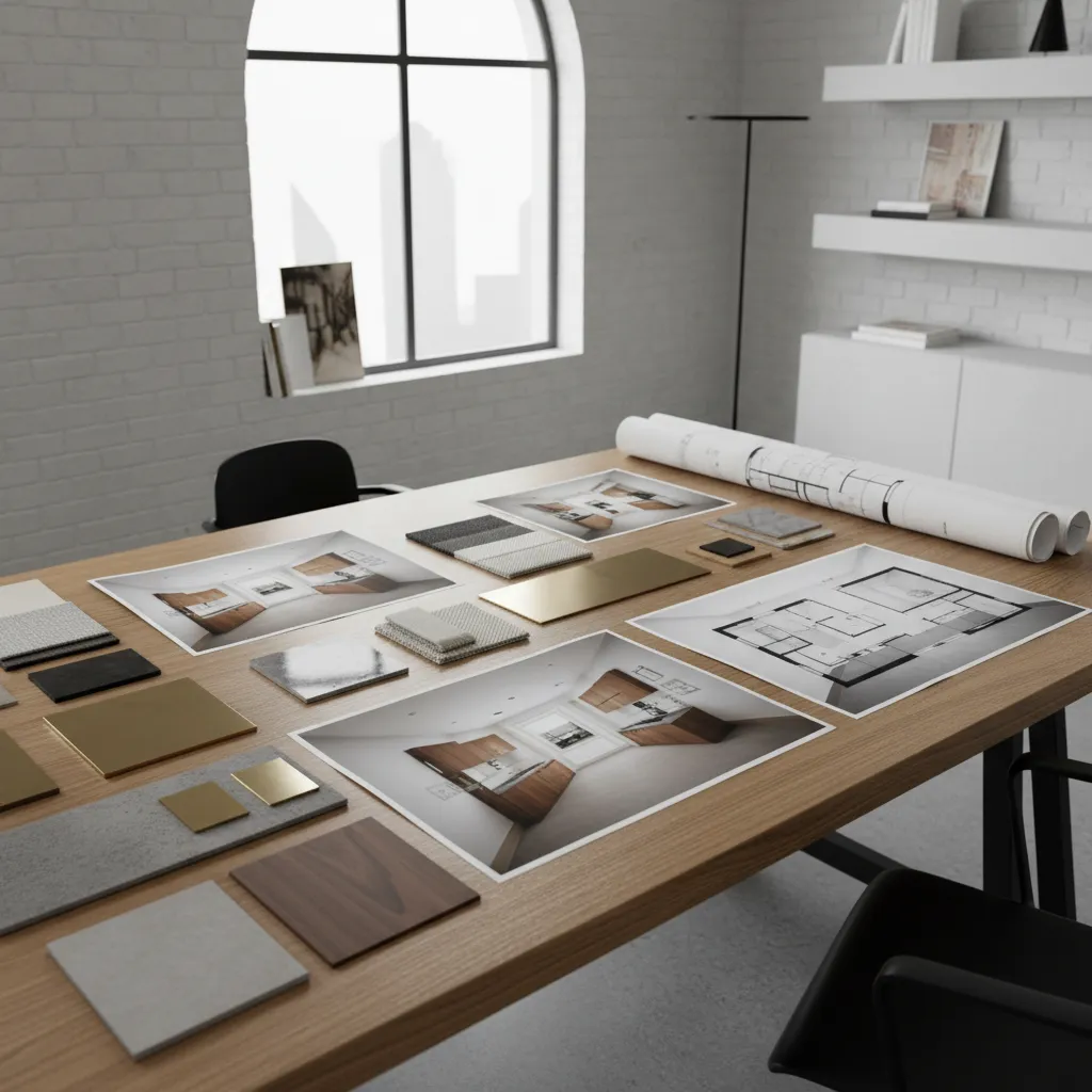 Wooden table displaying kitchen design drawings, floor plan layouts, and various interior decoration material samples