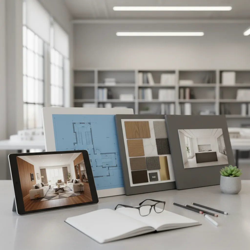Portfolio de proyectos de diseño de interiores presentado en tablet y láminas impresas