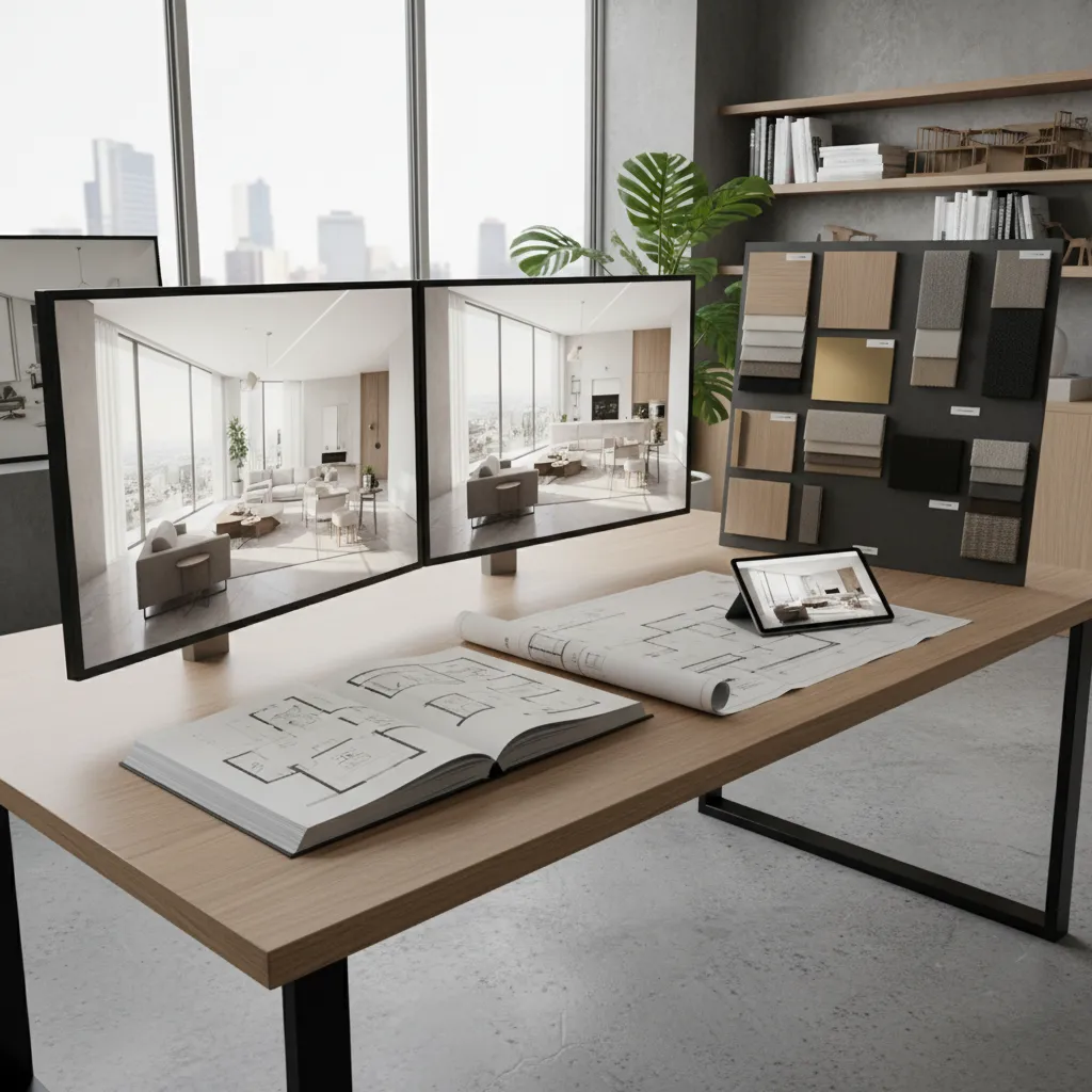 portfolio profesional de diseño de interiores con renders y planos