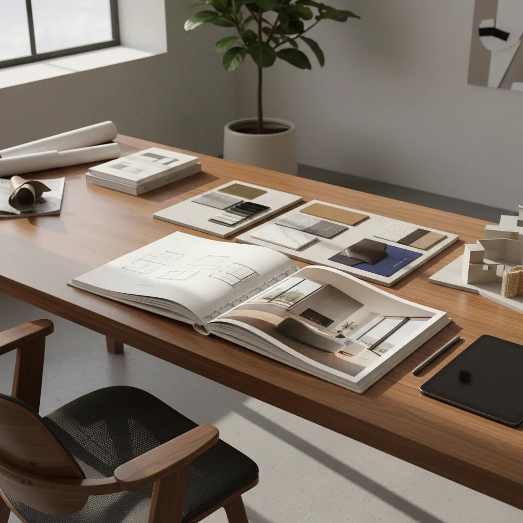 Portfolio de diseño de interiores con renders y planos impresos