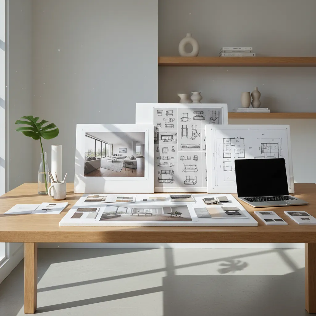 Interior design portfolio display with floor plan sketches and furniture photos on a wooden desk