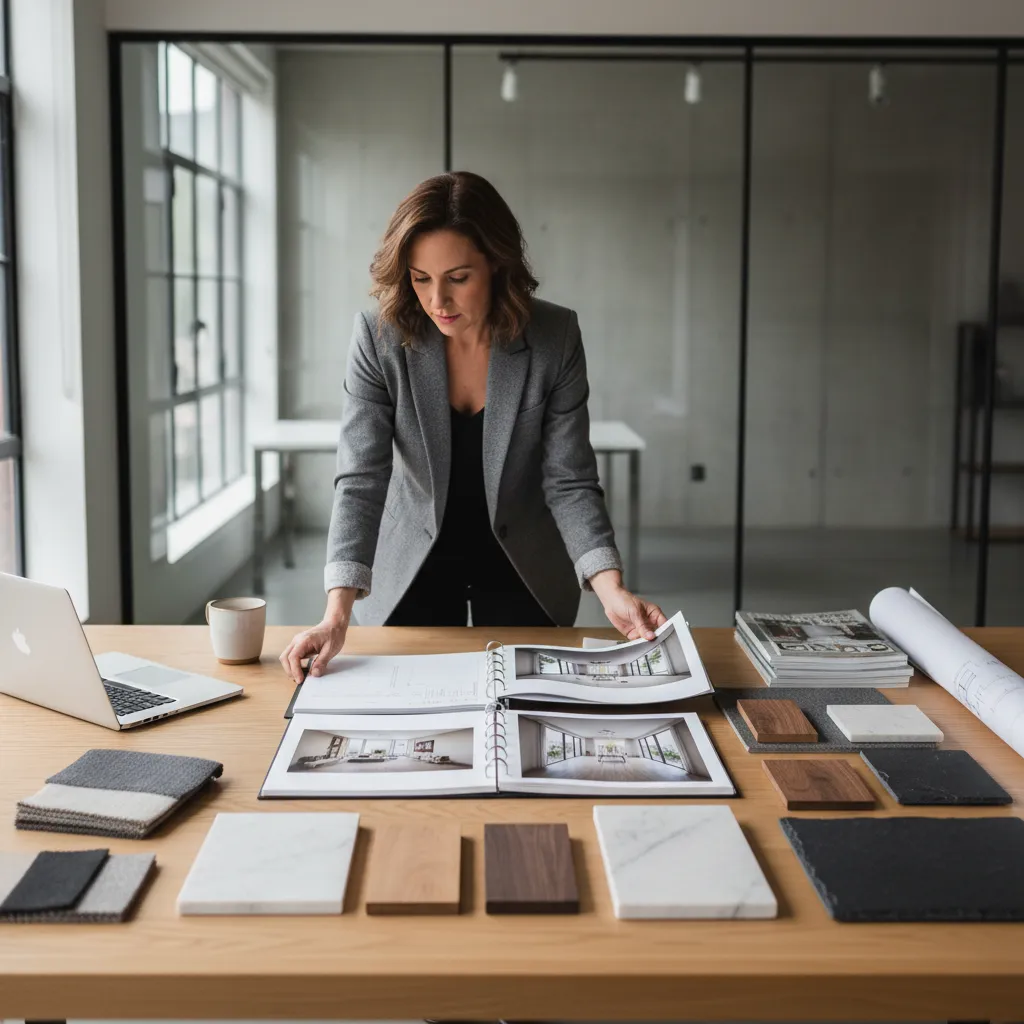Interior designer reviewing a portfolio book with material samples like wood and stone on desk