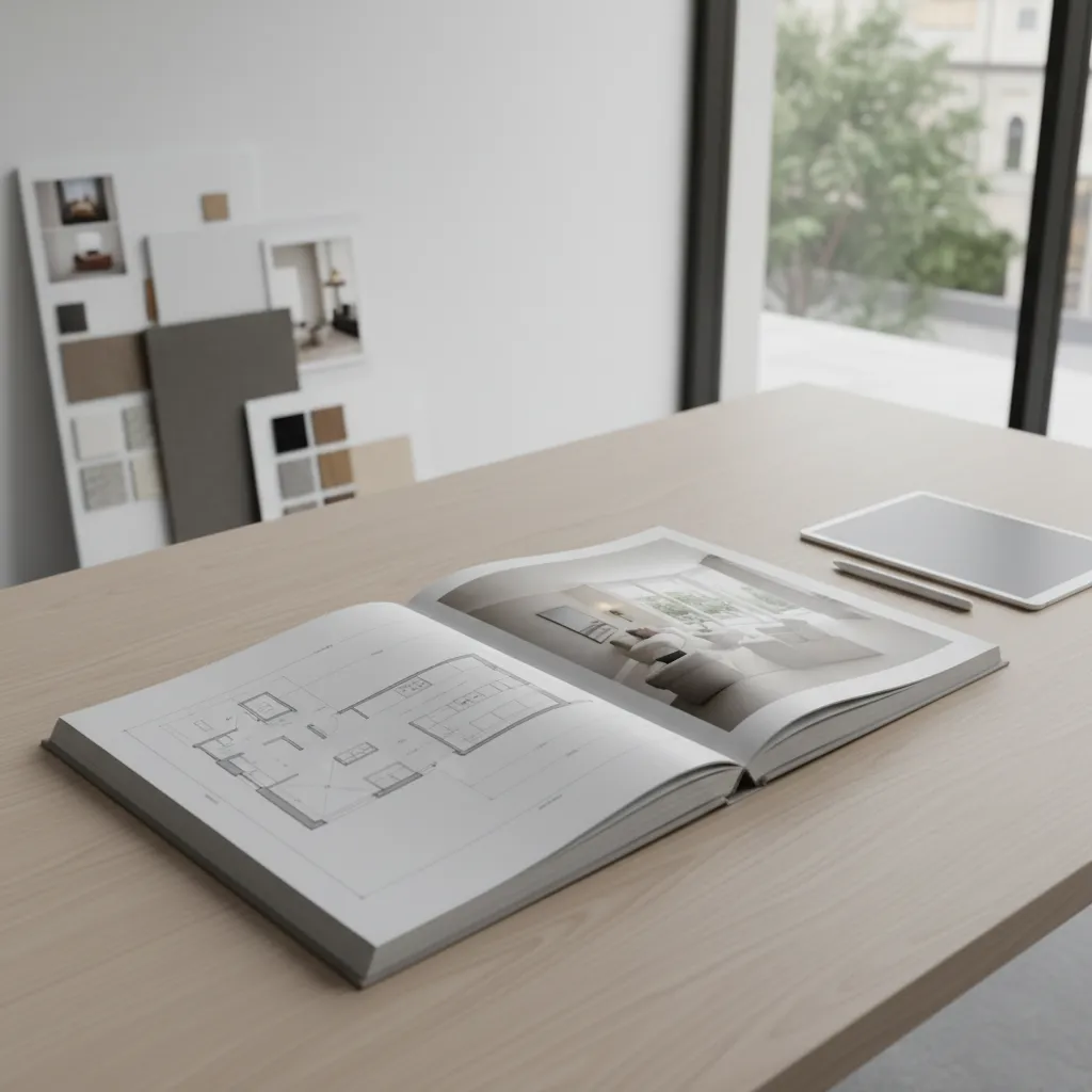 Open book on wood table showing floor plan and interior design drawing next to tablet