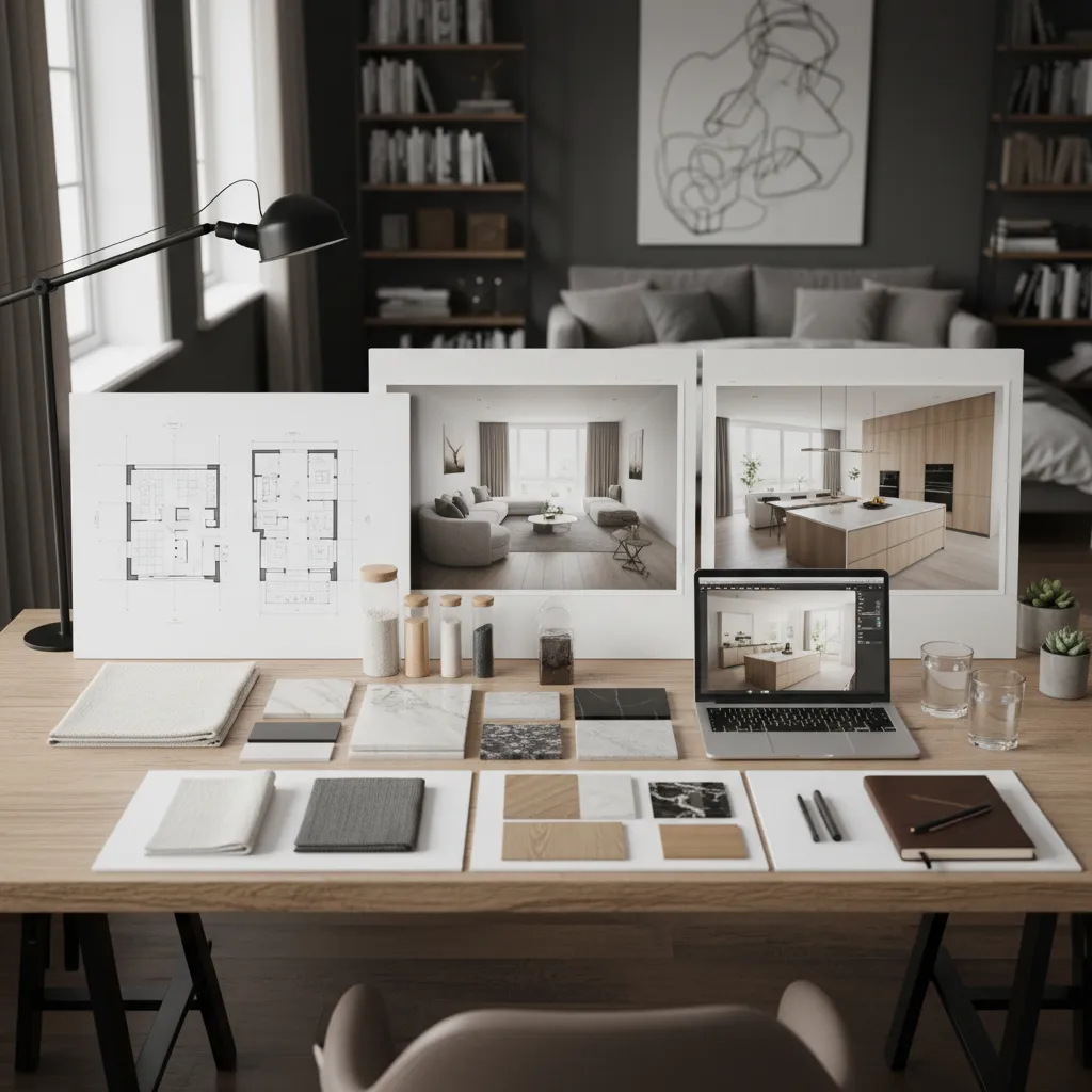 Interior design drawing with floor plans, room renders, material samples, and laptop on wooden desk