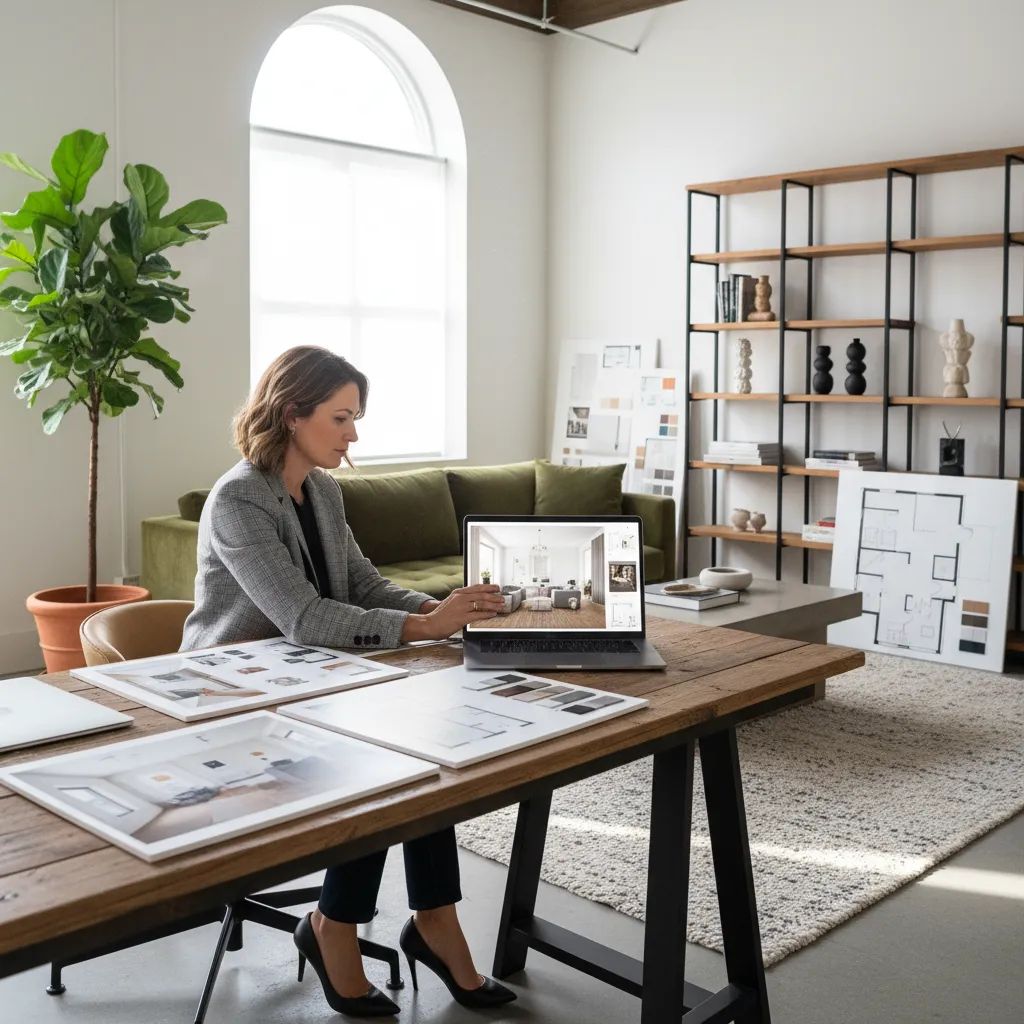 Diseñador revisando un portfolio de proyectos de interiorismo