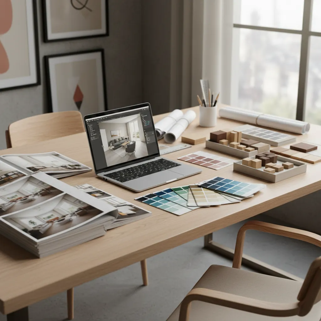 Interior design workspace featuring laptop with interior design drawing color palettes wood samples and books
